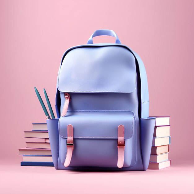 Sac scolaire bleu avec des livres isolés sur fond rose