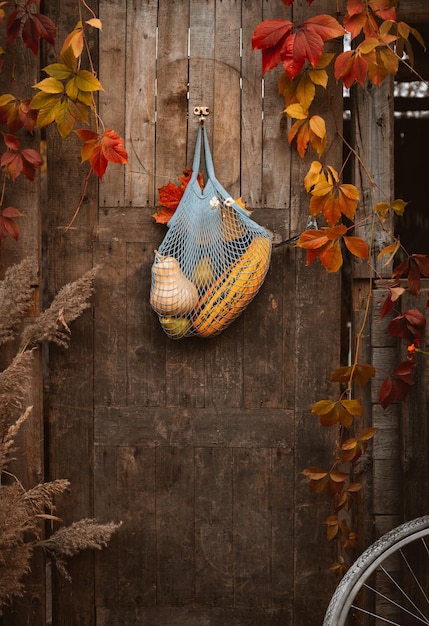 Sac shopping à cordes avec récolte d'automne suspendu à une vieille porte en bois rustique