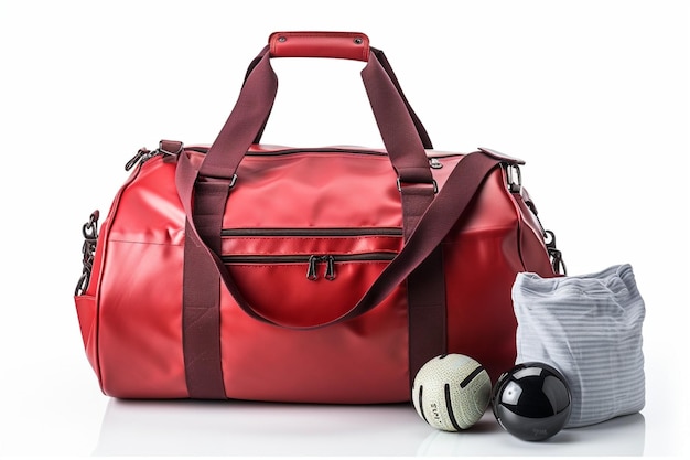 Photo sac de sport avec ballon de fitness et accessoires de sport isolés sur blanc ia générative