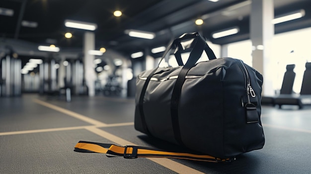 Photo sac de sport noir sur le sol dans le gymnase le sac est fait d'un matériau durable et a un grand compartiment principal une poche avant et une poche latérale