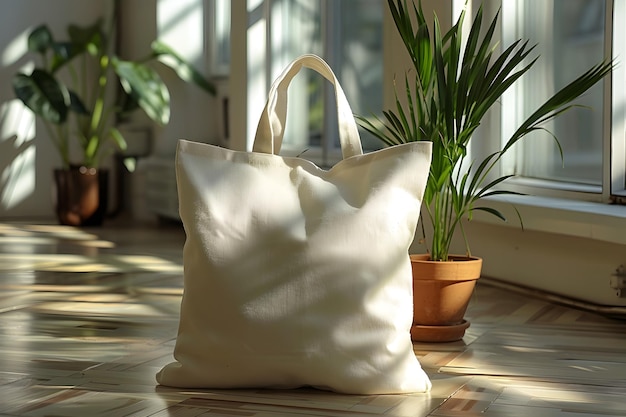 Un sac en toile sur sol en bois avec une plante en pot