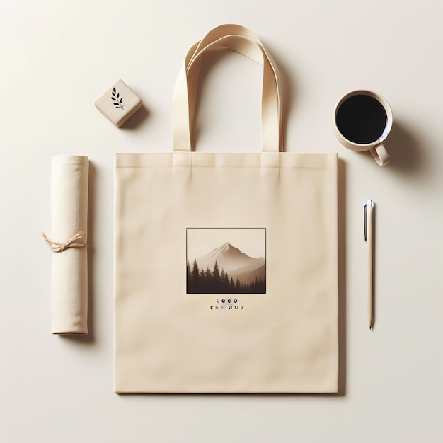 Sac Tote blanc Mockup sur fond clair Sac de magasinage Tote blanc avec poignées de corde sur le café et le va