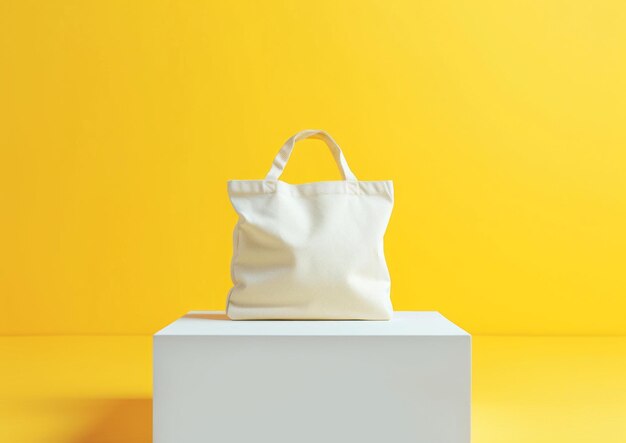 Sac Tote blanc sur un podium blanc avec un fond jaune