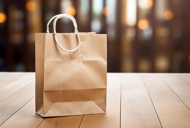 Sac de transport en papier brun blanc avec poignées pour le magasinage orienté vers l'avant sur le côté droit d'un bois clair