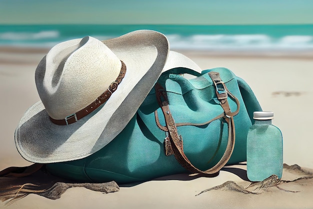 Sac turquoise et chapeau blanc sur la plage Generative Ai