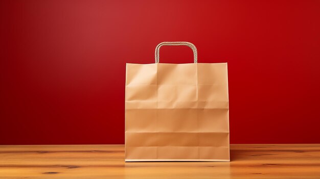 Un sac vide de papier de livraison de nourriture sur la table en bois avec un fond rouge