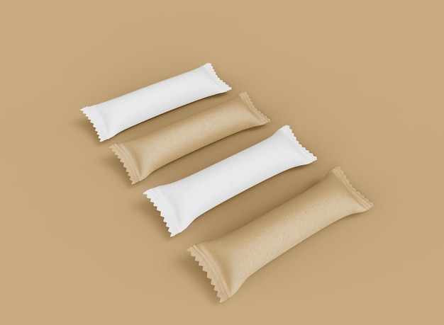 Photo sachet long blanc et marron sur fond marron. ensemble de sachets longs isolés. rendu 3d