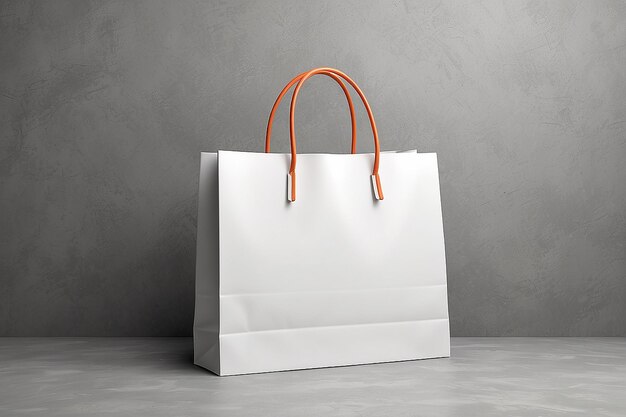 Des sacs d'achat en papier sur un fond de pierre grise, modèle de publicité de marque en 3D