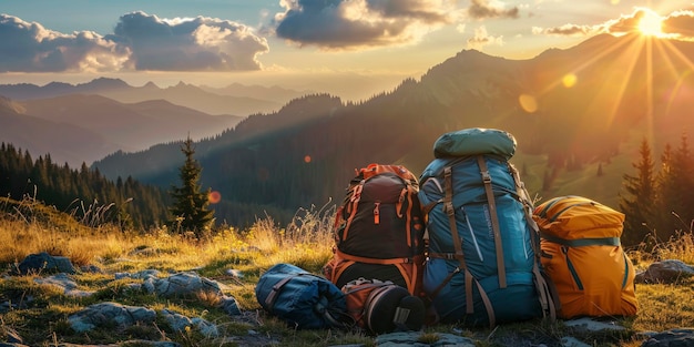 Des sacs à dos en nylon durables et des tentes nichées dans un paysage montagneux se réjouissent dans la chaleur de l'heure d'or