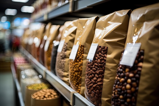 Photo des sacs de grains de café exposés dans un supermarché