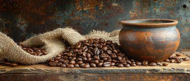 Photo des sacs de grains de café et des tasses d'argile