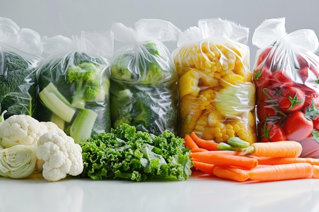 Sacs de légumes congelés sur fond blanc