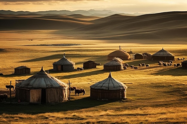 Sacs mongols et groupes de moutons et de chevaux de bétail sur la prairie