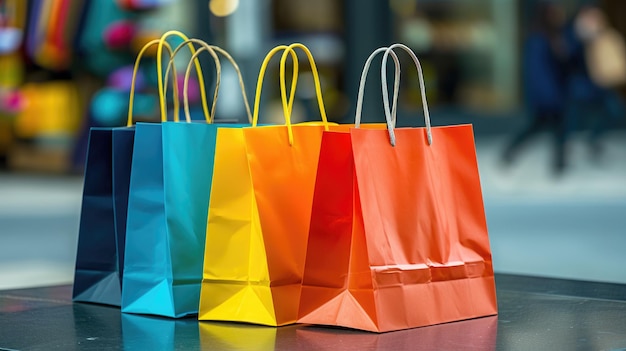 Des sacs en papier colorés ajoutent de l'excitation à la scène d'un centre commercial animé.