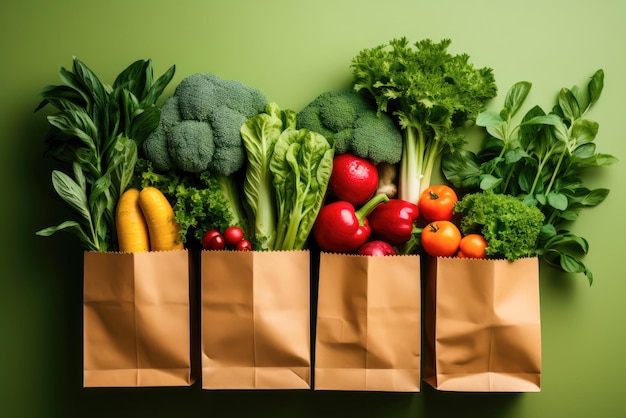 Sacs en papier écologiques du magasin avec des légumes verts biologiques crus sur fond vert