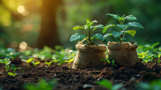 Photo les sacs de pépinière sont pleins de semis tandis que les mains de la vieille femme et du jeune homme se préparent à être plantées dans un sol fertile.