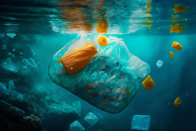 Sacs en plastique et autres déchets flottent dans l'eau Concept de pollution plastique des océans AI générative
