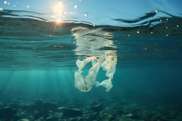 Des sacs en plastique flottant dans l'océan Pollution environnementale