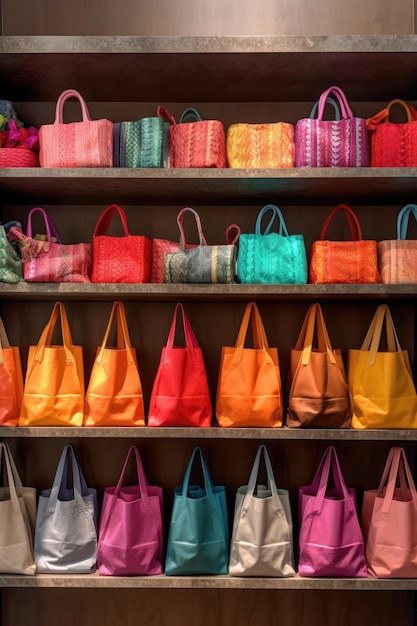 Sacs à provisions colorés alignés sur une étagère de magasin créés avec une IA générative