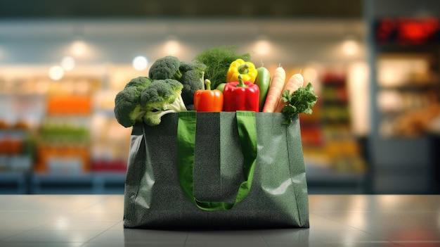 Sacs à provisions avec légumes frais, nourriture écologique sur une table en bois avec des allées de supermarché floues en arrière-plan