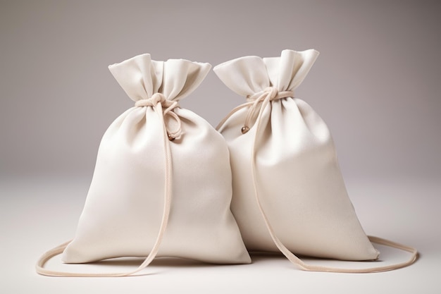 Des sacs de soie beige avec des lacets pour bijoux sont sur la table.