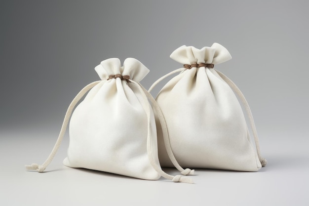 Des sacs en tissu de soie blanche avec des lacets pour les bijoux sont sur la table