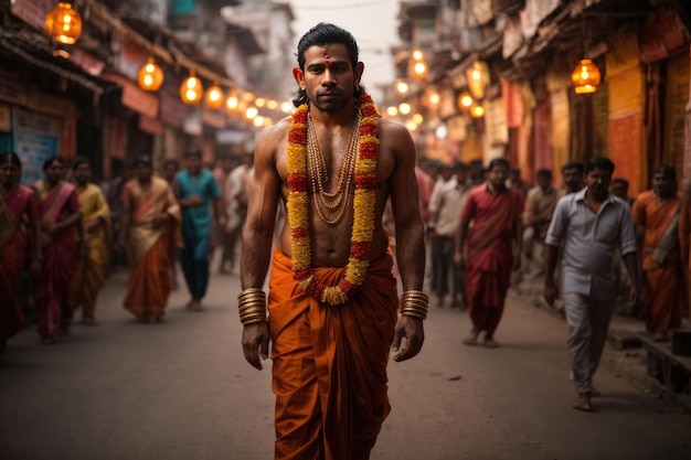 Sadhu se promène dans les rues de l'Inde