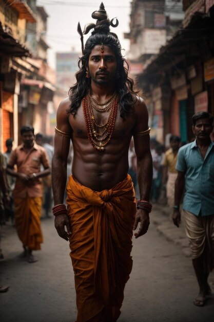 Sadhu se promène dans les rues de l'Inde