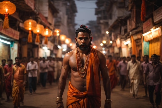 Sadhu se promène dans les rues de l'Inde