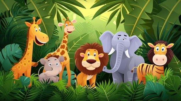 Photo safari de groupe dans la jungle animaux de dessins animés drôles forêt dans le style de dessin animé image générée par l'ia