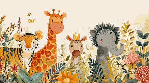 Un safari joyeux, des amis dans une jungle capricieuse, un lion enjoué, une girafe, un éléphant et une flore.