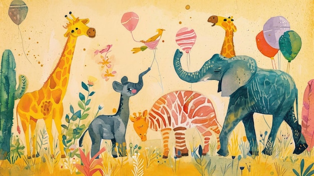 Un safari joyeux, des amis dans une jungle capricieuse, un lion enjoué, une girafe, un éléphant et une flore.