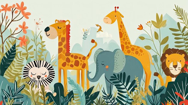 Un safari joyeux, des amis dans une jungle capricieuse, un lion enjoué, une girafe, un éléphant et une flore.