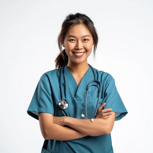 Une sage-femme asiatique porte son uniforme professionnel avec les bras croisés et un visage souriant.