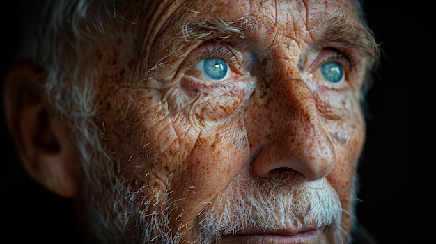La sagesse gravée dans les lignes du regard fascinant d'un vieil homme aux yeux bleus
