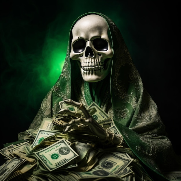 La sagesse prospère du vert Santa Muerte embrassant l'abondance de la richesse et de la bonne fortune