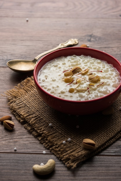 Le Sago Kheer ou Sabudana Khir est un aliment sucré de l'Inde. Servi dans un bol avec une cuillère. Mise au point sélective