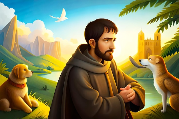 Saint François d'Assise entouré d'animaux et de nature incarnant son amour pour toute la création