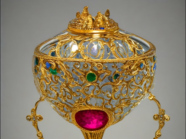 Le Saint Graal, le calice, l'or, les filigranes, les diamants, les émeraudes et les rubis, majestueux, solides, de grande taille.