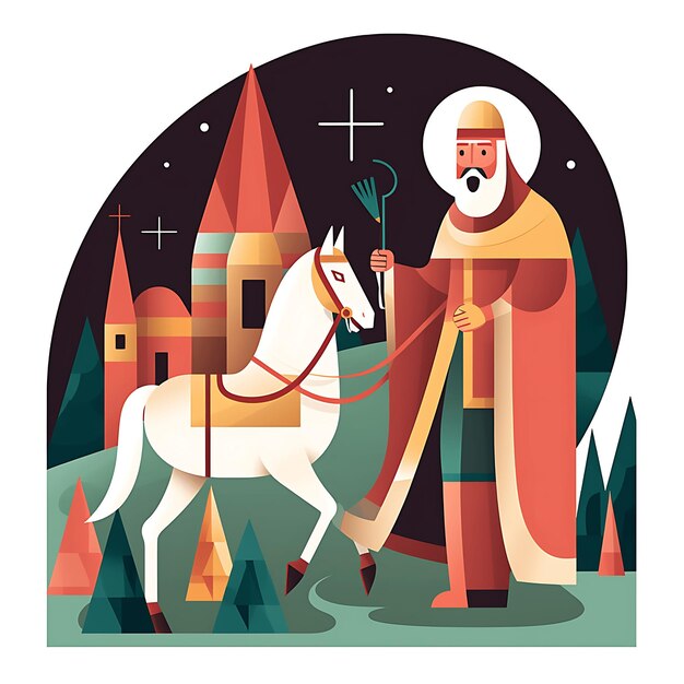 Saint Nicolas Sinterklaas avec son cheval vient en ville dans la nuit d'hiver