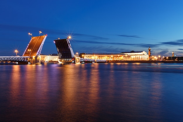 Saint-Pétersbourg de nuit. Panorama de la ville de nuit. Vue sur la Neva et le pont ouvert.