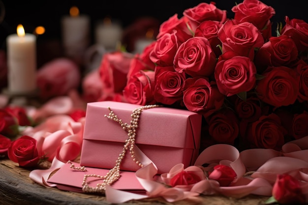 La Saint-Valentin, un bouquet de roses rouges et une boîte cadeau rose