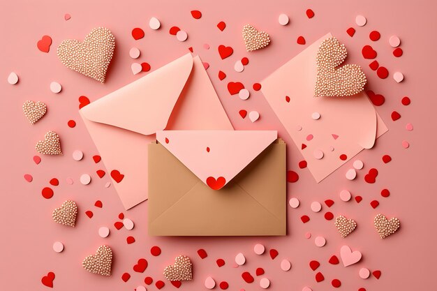 Saint Valentin, coeur d'amour, romance, lettre d'amour, cadeaux, concept, rendu 3d