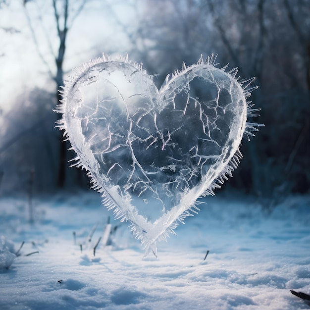 Photo saint valentin coeur transparent sur fenêtre gelée avec forêt sur fond bannière