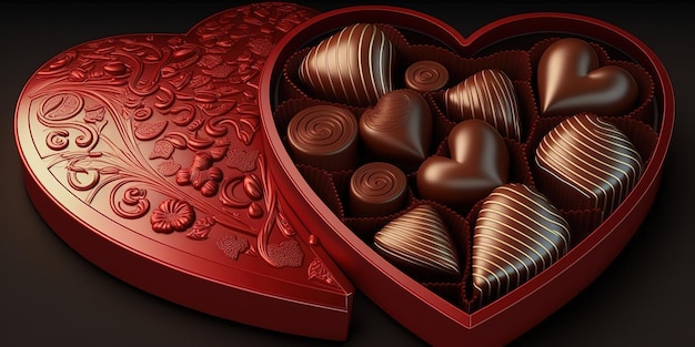 Saint valentin coeurs rouges et bonbons au chocolat dans une boîte à bonbons en forme de coeur