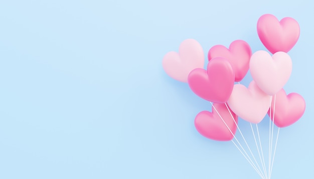 Saint-Valentin, concept d'amour, bouquet de ballons en forme de coeur 3d rose et blanc flottant sur fond bleu avec espace de copie