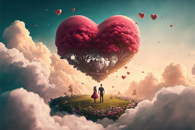 Saint Valentin couple amoureux entre un arrangement de coeur géant décoration de fleurs et coeurs beaux nuages
