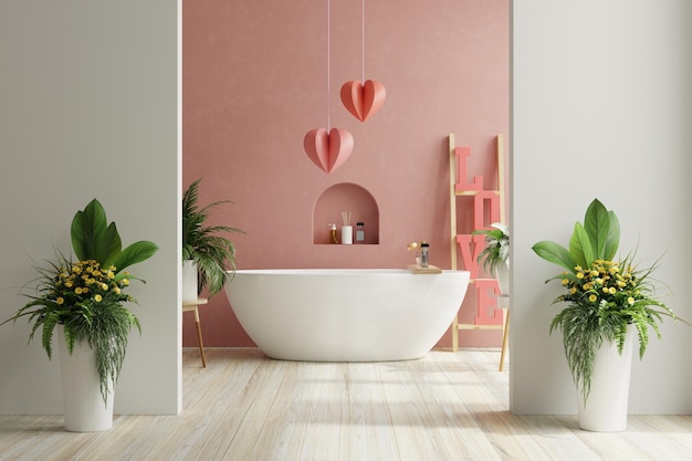 Saint Valentin dans la salle de bain avec baignoire sur mur rouge vide