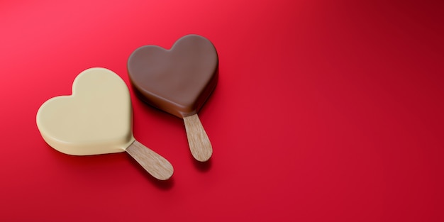 Saint Valentin, deux chocolats au lait et chocolat blanc en forme de coeur