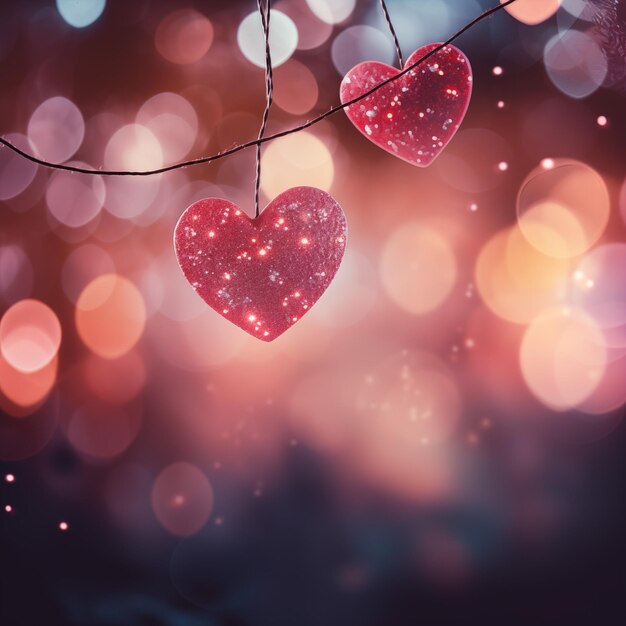 La Saint-Valentin avec deux cœurs rouges sur le fond de la ville de Bokeh Un couple amoureux tenant un cœur rouge